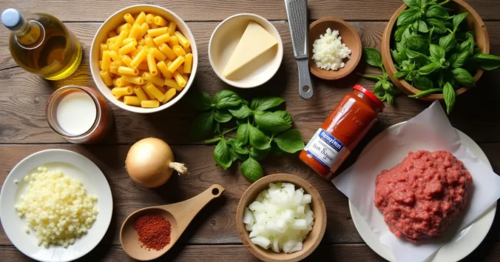 Fresh ingredients for Rigatoni Alla Grassa, including rigatoni pasta, tomato sauce, heavy cream, Parmesan cheese, ground meat, garlic, and basil, arranged on a wooden surface