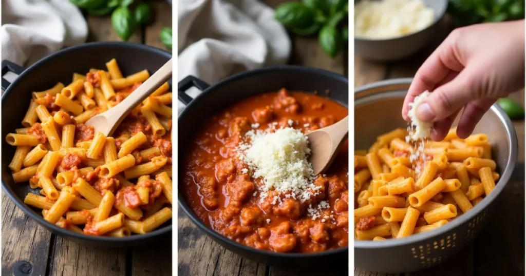 Step-by-step process of making Rigatoni Alla Grassa, showing pasta being mixed with a creamy tomato sauce in a skillet, topped with grated Parmesan and fresh basil