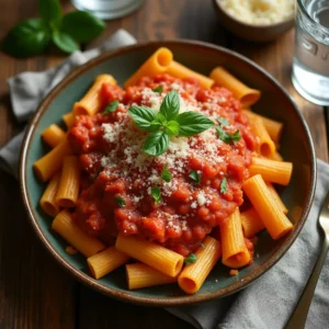 A plate of Rigatoni Alla Grassa served with a rich, creamy tomato sauce, topped with grated Parmesan and fresh basil on a rustic wooden table