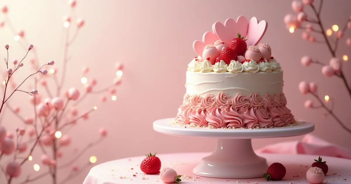 Valentine's Day cake recipes with decorated heart-shaped cake and fresh berries