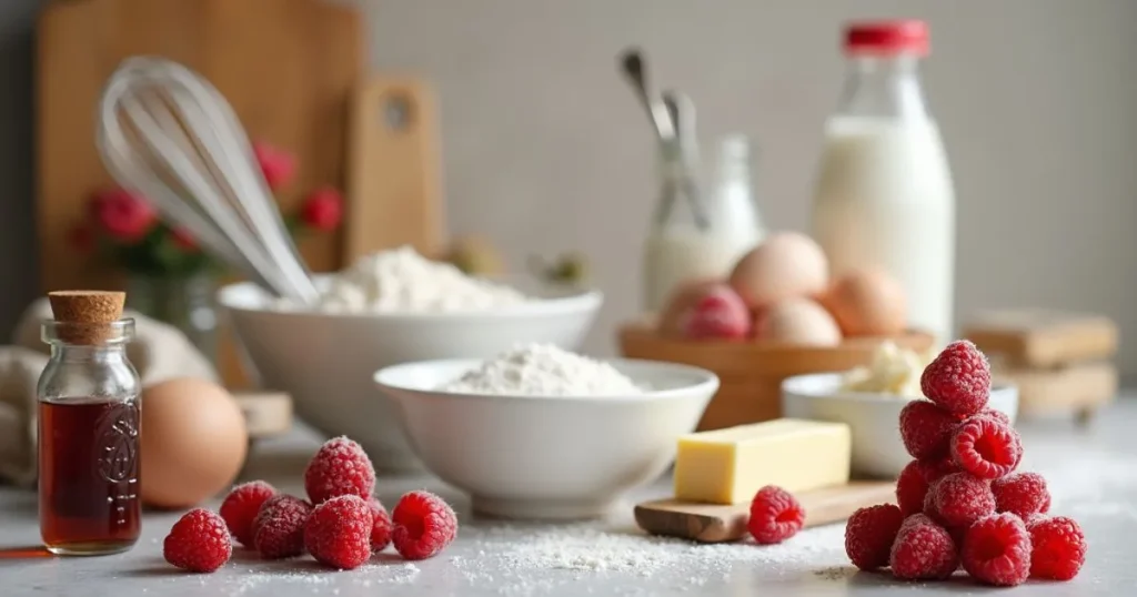 Ingredients for Valentine’s Day cake including flour, sugar, eggs, butter, and berries