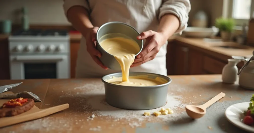 How to make Valentine’s Day cake with batter being poured into a cake pan