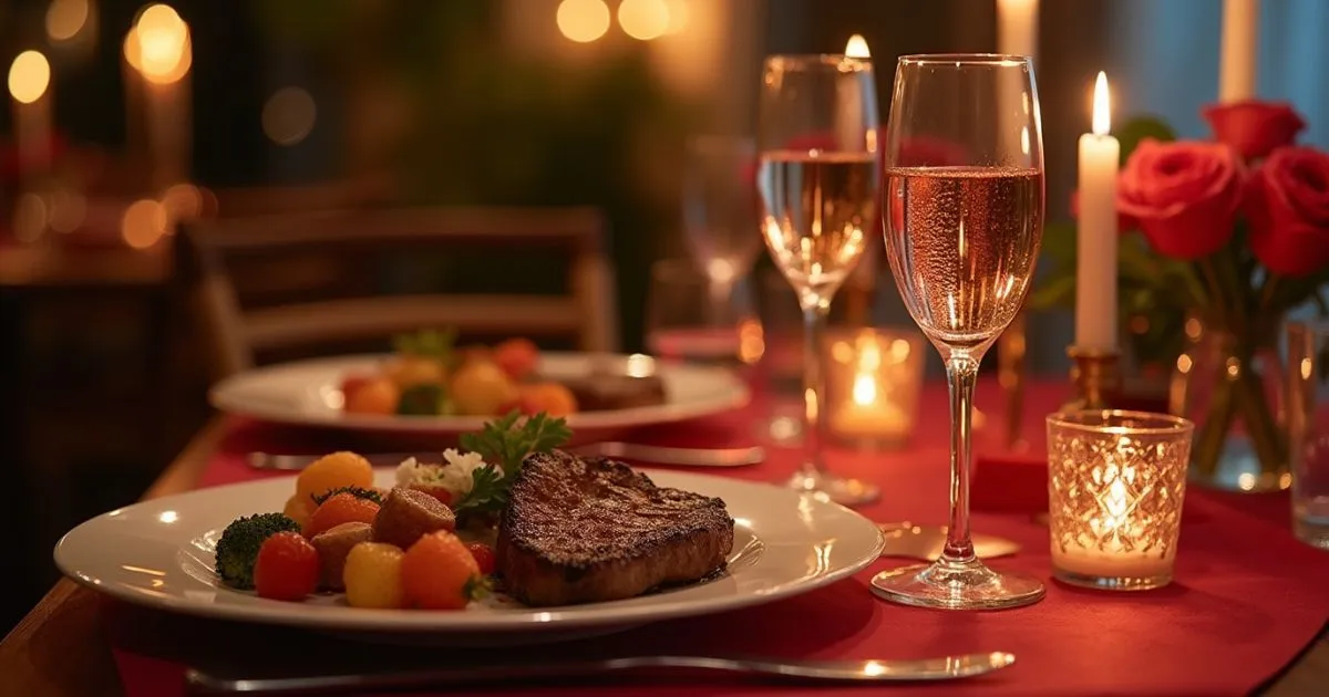 Romantic Valentine's Day dinner for two with steak, roasted vegetables