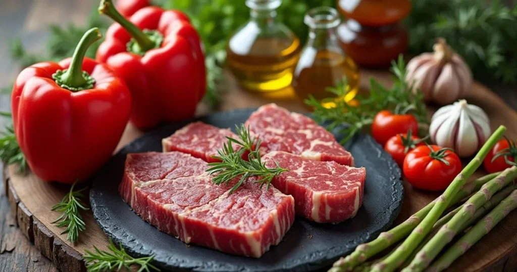 Fresh ingredients for a Valentine's Day dinner for two, including steak, vegetables, and herbs