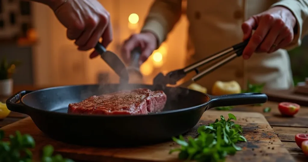 Chef preparing a romantic Valentine's Day dinner for two with steak and vegetables