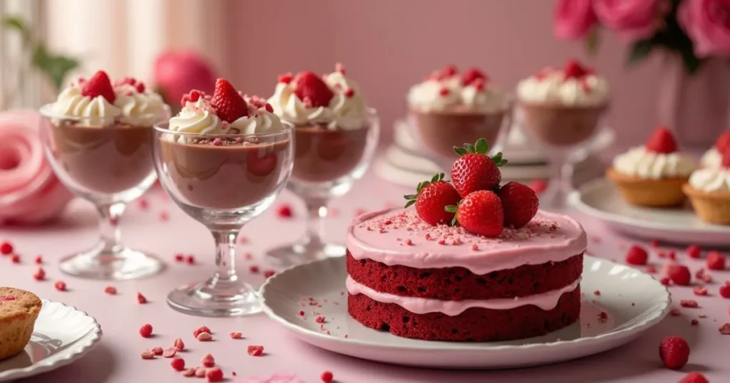 Variety of Valentine's Day dessert recipes including heart-shaped cookies, chocolate mousse, and strawberry tarts on a romantic table