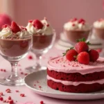 Variety of Valentine's Day dessert recipes including heart-shaped cookies, chocolate mousse, and strawberry tarts on a romantic table