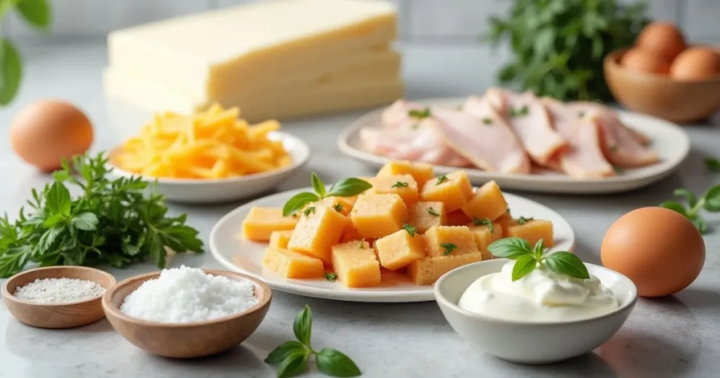 Ingredients for chicken and cheese jalousie recipe, including puff pastry, chicken, cheese, and fresh herbs