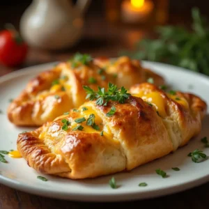 Easy steps to make a chicken and cheese jalousie, showcasing the rolled puff pastry and filling.