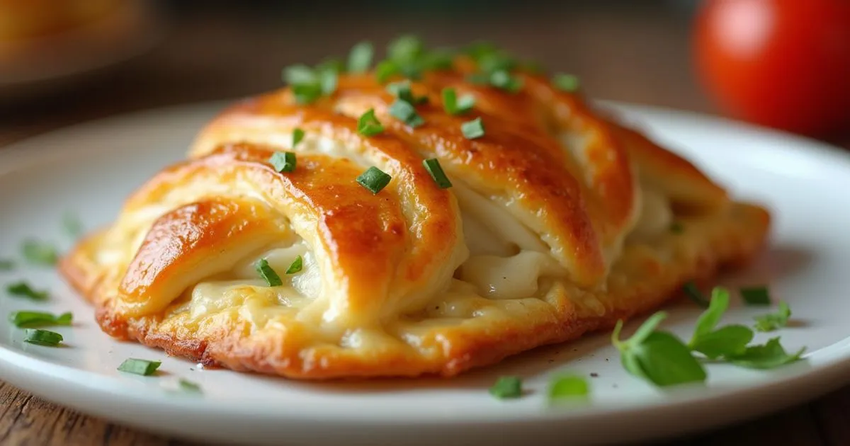 Golden and flaky chicken and cheese jalousie recipe on a plate, garnished with fresh herbs