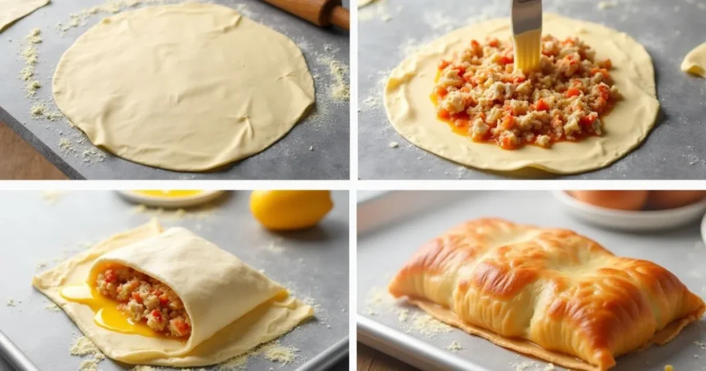 Step-by-step process of making a chicken and cheese jalousie, showing rolling pastry, adding filling, and folding the dough