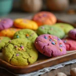 A variety of cookies showcasing **colorful ingredients in some cookie recipes**, made with natural dyes like matcha, beetroot powder, turmeric, and butterfly pea flower, displayed on a baking tray.