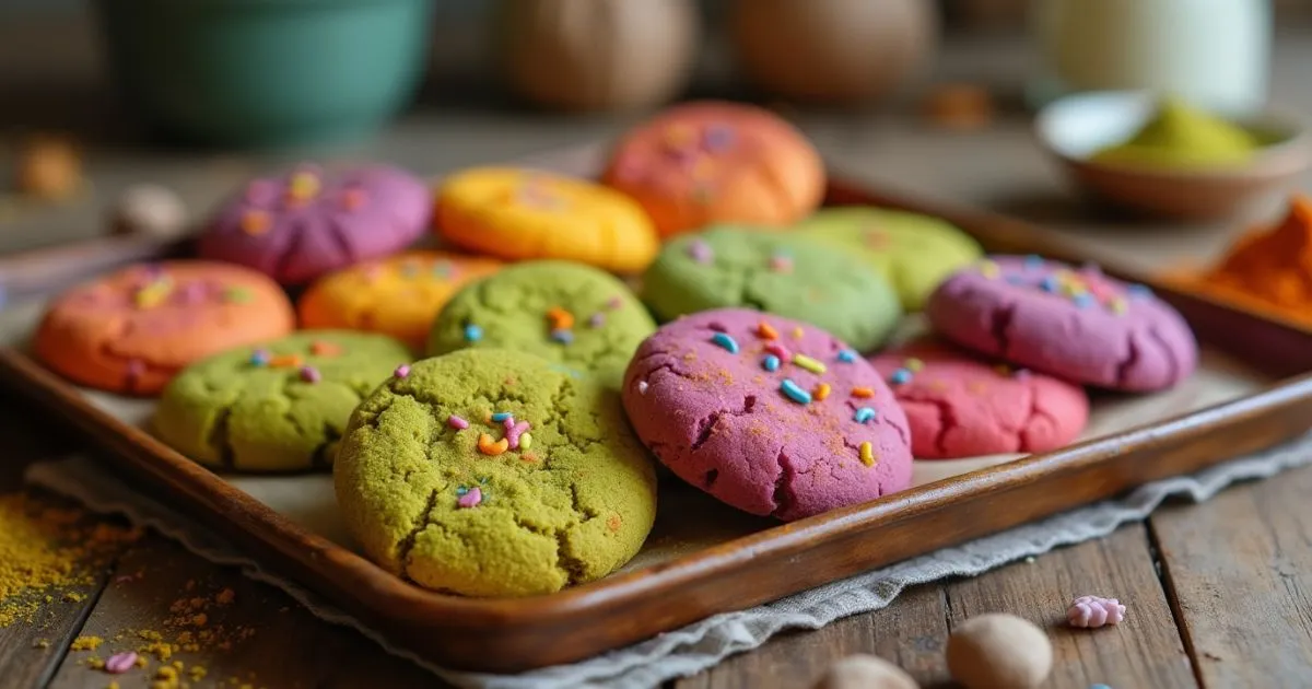 A variety of cookies showcasing **colorful ingredients in some cookie recipes**, made with natural dyes like matcha, beetroot powder, turmeric, and butterfly pea flower, displayed on a baking tray.