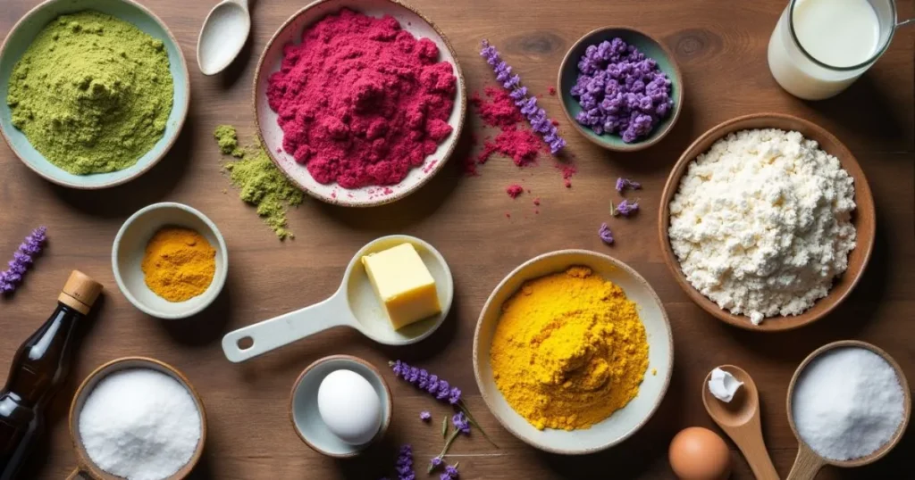 An assortment of natural ingredients for colorful cookies, including matcha, beetroot powder, turmeric, and butterfly pea powder, arranged on a wooden countertop.