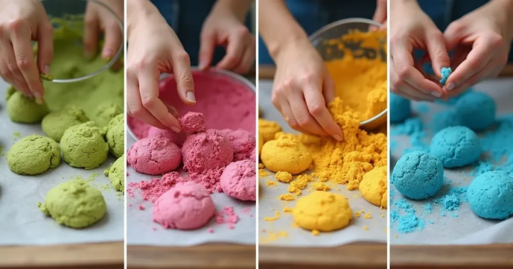 Step-by-step process of making colorful cookies using natural ingredients like matcha, beetroot powder, turmeric, and butterfly pea powder