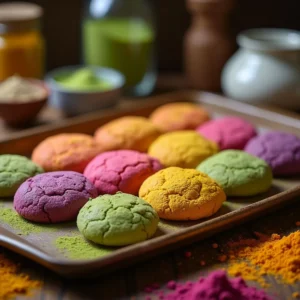 A variety of freshly baked cookies made with colorful natural ingredients like matcha, beetroot powder, turmeric, and butterfly pea powder, arranged on a plate.