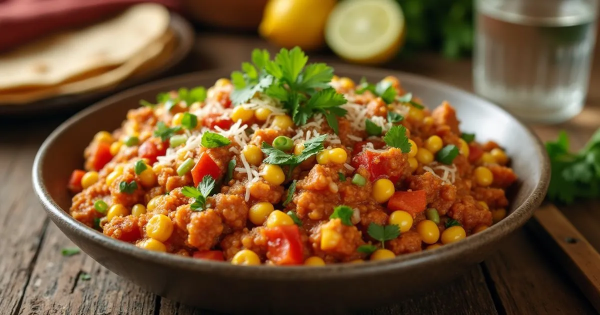 Ground Chicken Mexican Corn recipe with fresh ingredients in a skillet