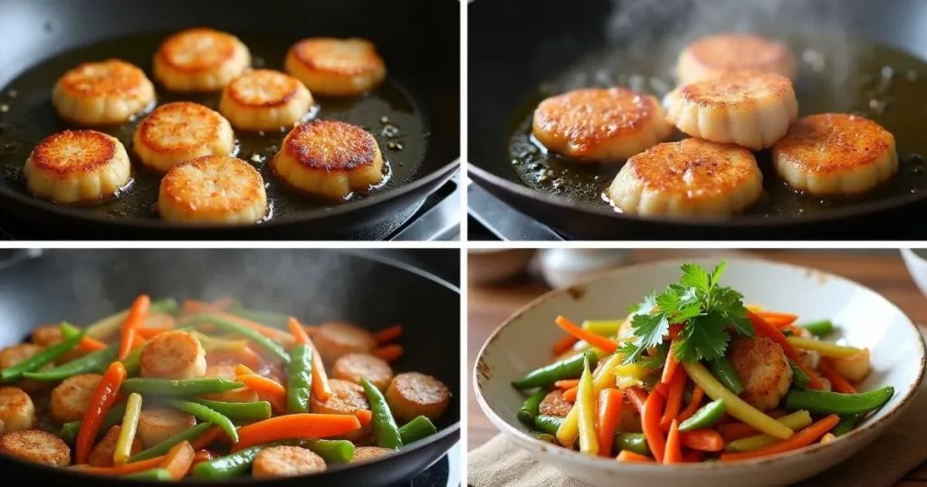 Step-by-step process of making fishcakes and scallops stir fry, including searing scallops and fishcakes, adding vegetables, and stir-frying.