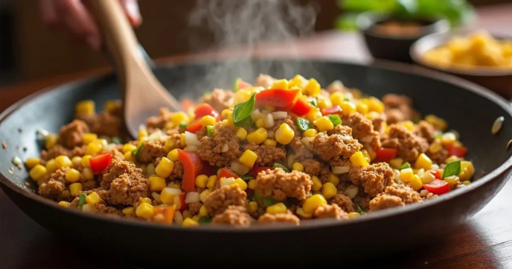 Cooking Ground Chicken Mexican Corn in a skillet with bell peppers, onions, and corn