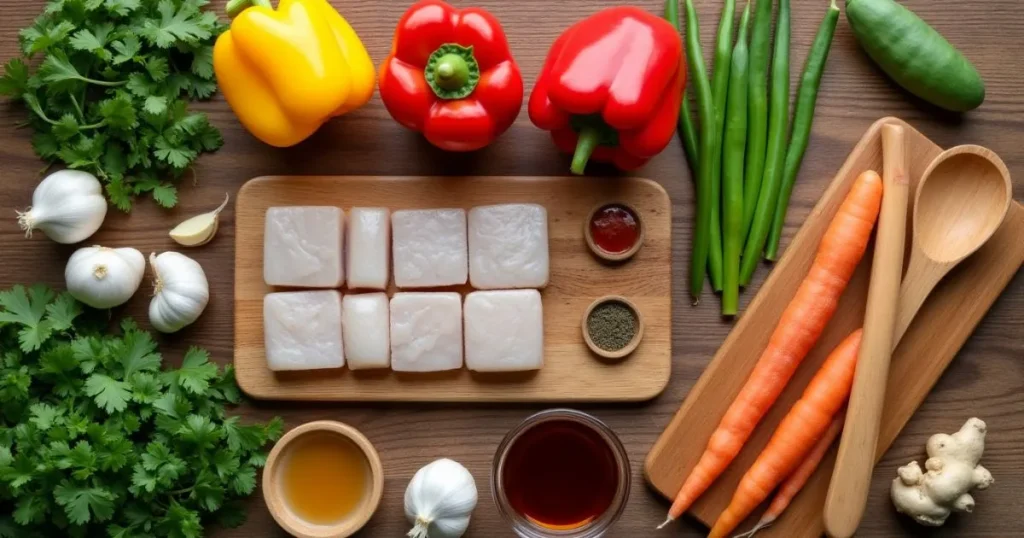 Ingredients for fishcakes and scallops stir fry recipe including fresh fishcakes, scallops, vegetables, and seasonings.