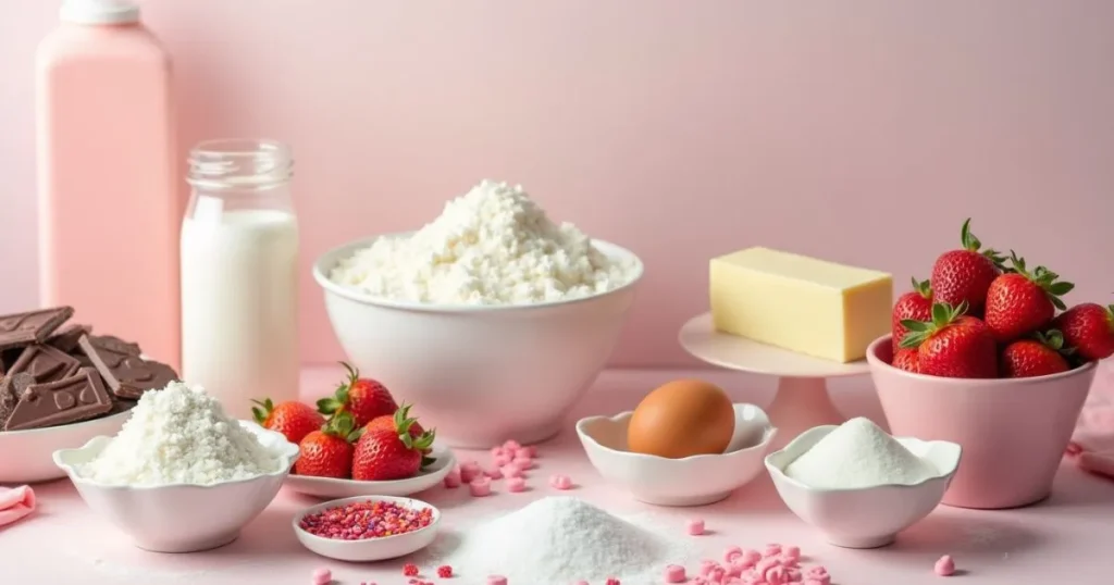 Ingredients for a Valentine's Day dessert including flour, sugar, chocolate, strawberries, and heart-shaped sprinkles