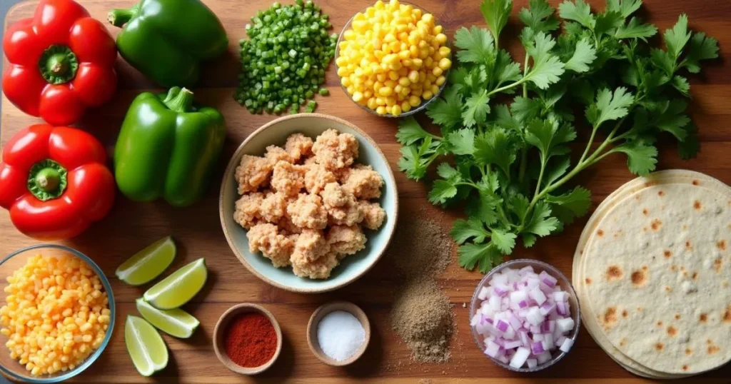 Ingredients for Ground Chicken Mexican Corn including ground chicken, corn, bell peppers, onions, and cilantro