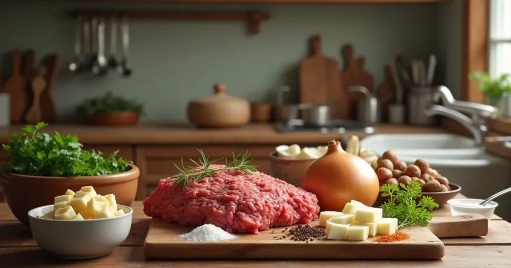 Ingredients for sweet bread meat recipe: ground meat, cubed sweet bread, onions, garlic, beef broth, and seasonings on a rustic kitchen counter