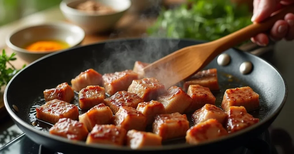 Step-by-step process of making sweet bread meat, showing sautéed onions and garlic in a pan with ground meat and cubed sweet bread