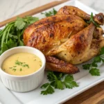 Chicken and Dressing Recipe – Tender baked chicken served with golden, herb-infused bread dressing in a classic casserole dish.