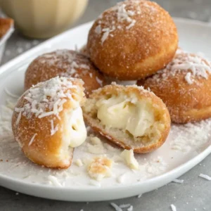 Coconut Cream Filled Doughnuts 5 Freshly made coconut cream filled doughnuts with a fluffy golden crust and creamy tropical filling, dusted with powdered sugar and topped with toasted coconut flakes.