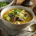 A warm bowl of leek and beef soup filled with tender beef chunks, sweet leeks, carrots, and barley, offering a comforting and hearty meal.