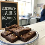 Fudgy lunchroom ladies brownies with a crackly top, cut into perfect squares on a wooden board.