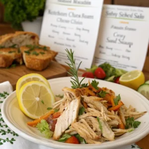 Rotisserie Chicken Leftover Recipes 6 A variety of dishes made fromRotisserie Chicken Leftover Recipes., including casserole, quesadillas, fried rice, soup, and salad, displayed on a wooden table
