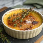 A golden-topped savory crème brûlée served in a white ramekin, garnished with fresh thyme and cracked black pepper.