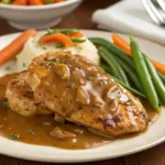 Smothered Chicken and Gravy thighs served with creamy homemade gravy, garnished with fresh herbs in a skillet.