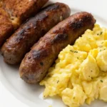 Juicy homemade beef breakfast sausage patties cooked to golden brown on a skillet, served with eggs and toast.